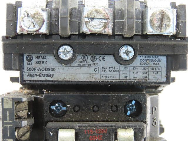 Allen Bradley 500F-AOD930 Sec. C Contactor Size 0 5Hp Starter 3P 120V Coil Relay