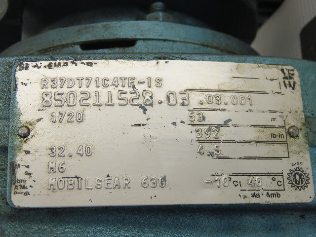 Sew Eurodrive R37DT71C4TF-IS 1/3HP Gear Motor 230/460V 3Ph W/ 32.4:1 Inline Box