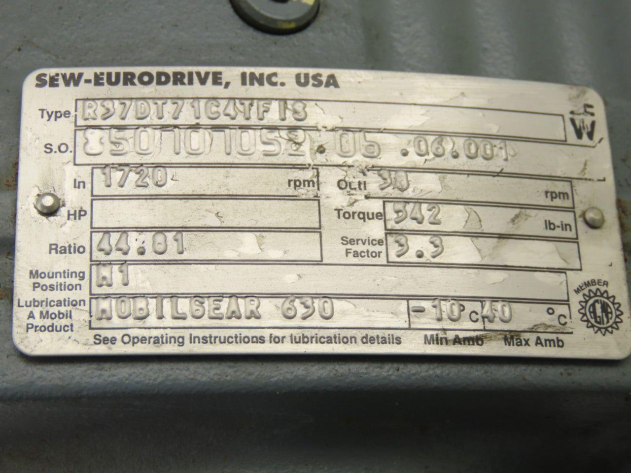 Sew Eurodrive R37DT71C4TFIS 1/3HP Motor 230/460V 3Ph W/44.81:1 Inline Gearbox