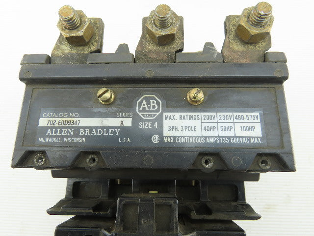 Allen Bradley 702-E0D9347 SER. K Motor Starter Size 4 100HP 600V 135A 120V Coil