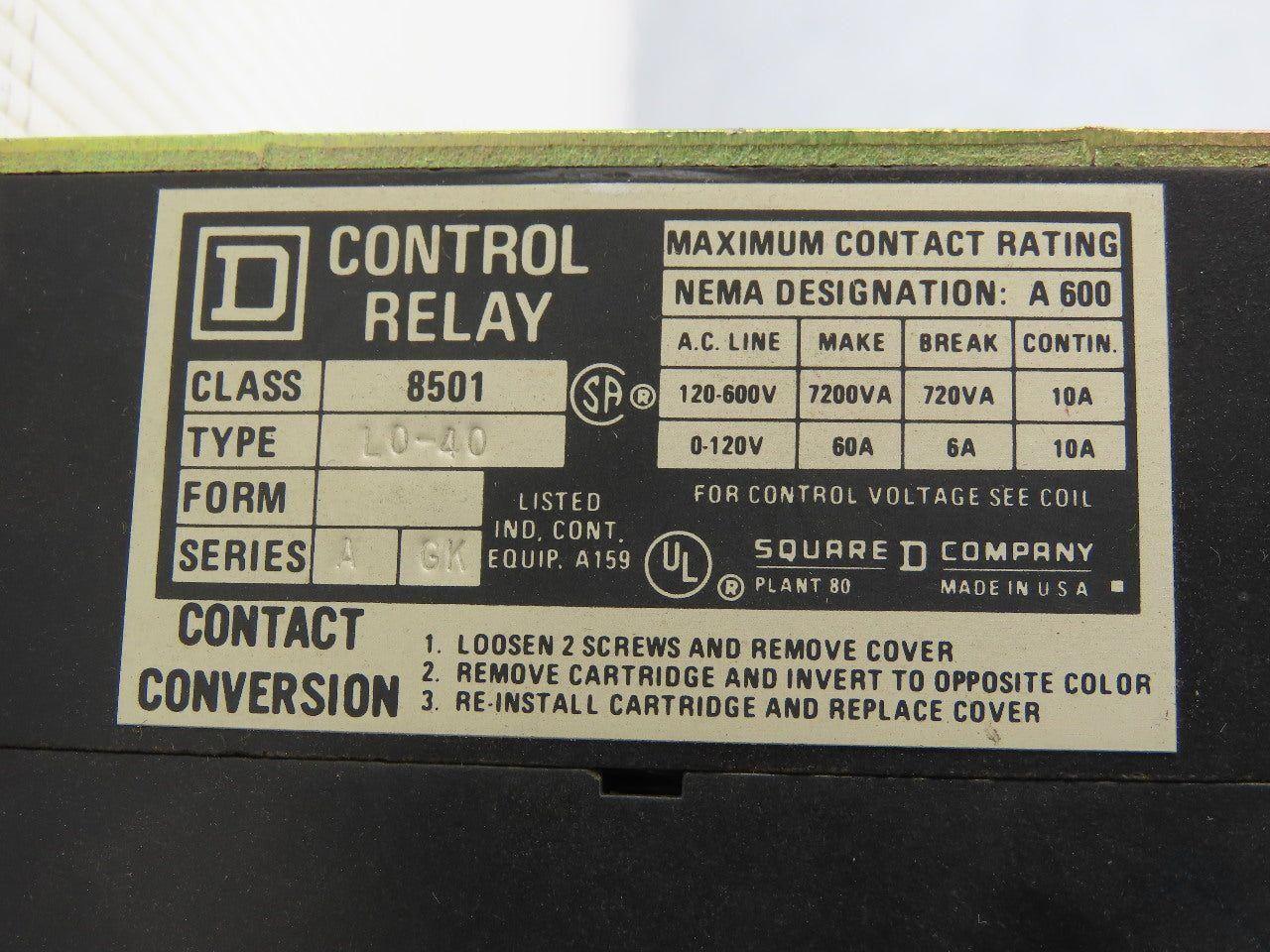 Square D L0-40 Class 8501 Ser. A 120-600V Control Relay 110-120V Coil