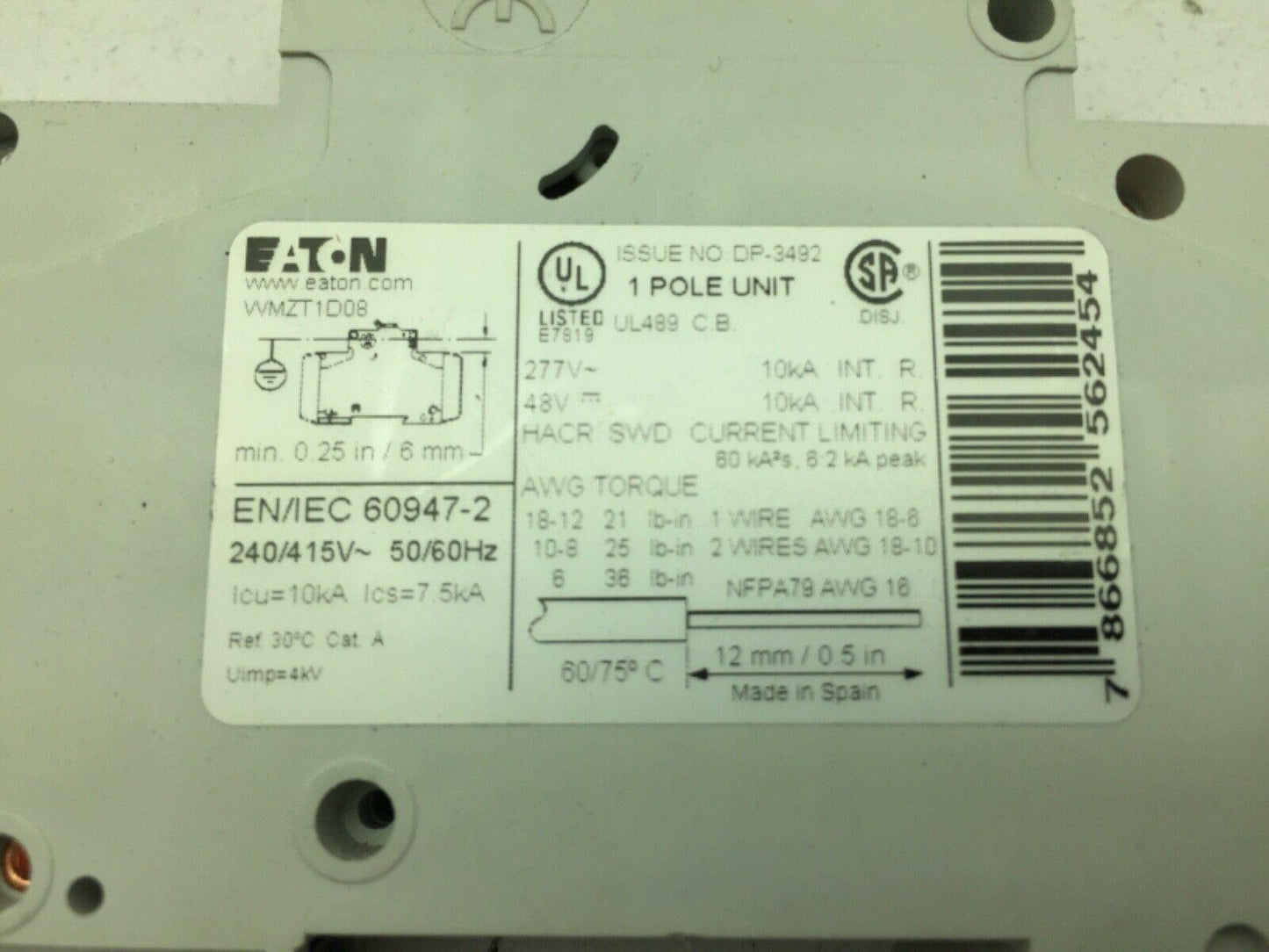 Eaton WMZT1D08 Circuit Breaker Single Pole 240-415V 8A Lot of 5
