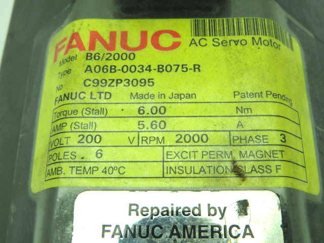 Fanuc A06B-0034-B075-R AC Servo Motor 200V 3PH 2000 RPM