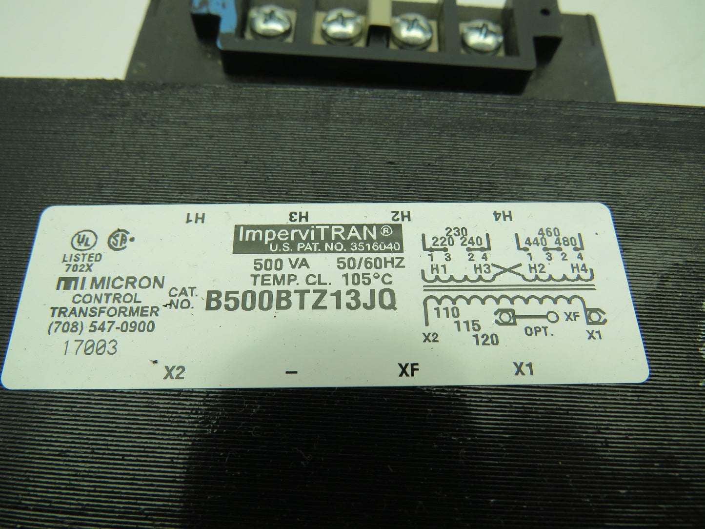 Micron ImperviTran B500BTZ13JQ Control Transformer 500VA 110/120V 230/460V
