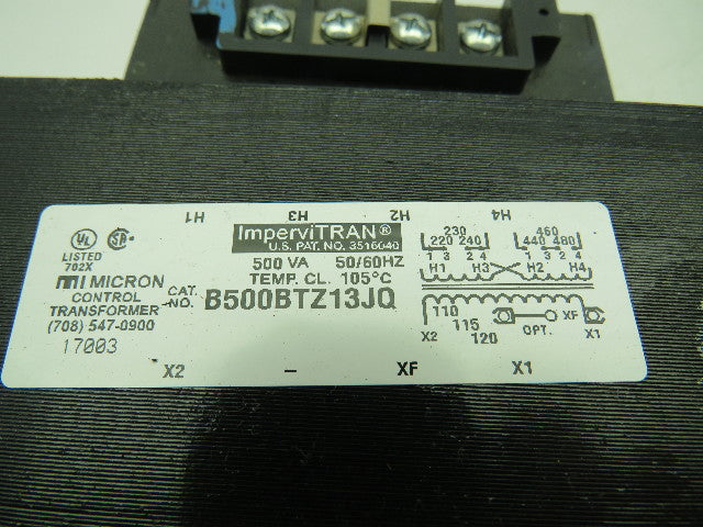 Micron ImperviTran B500BTZ13JQ Control Transformer 500VA 110/120V 230/460V