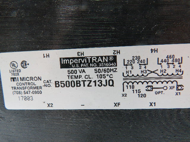 Micron ImperviTran B500BTZ13JQ Control Transformer 500VA 110/120V 230/460V