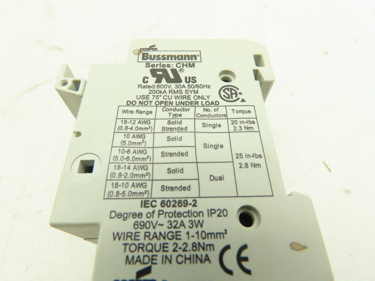 Cooper Bussmann CHM 10X38 Midget Fuse Holder IEC 2-Pole 30A/32A w/Fuses LOT OF 3