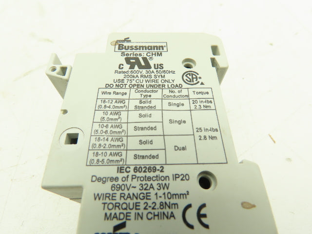 Cooper Bussmann CHM 10X38 Midget Fuse Holder IEC 2-Pole 30A/32A w/Fuses LOT OF 3