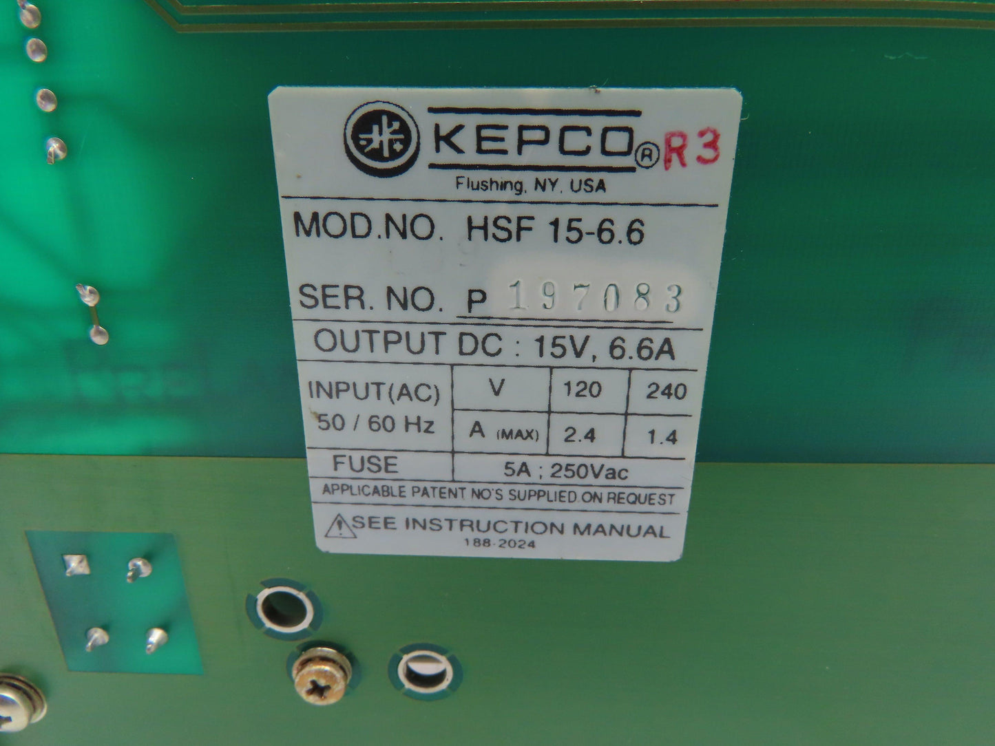 Kepco HSF 15-6.6 Power Supply Plug-In 100W 15V 6.6A Output 120/240V Input