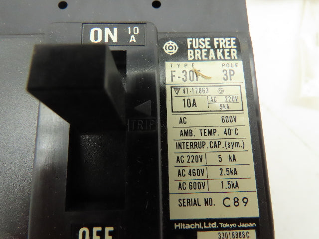 Hitachi F-30F Fuse Free Circuit Breaker 3-Pole 10 Amp 220/460/600VAC