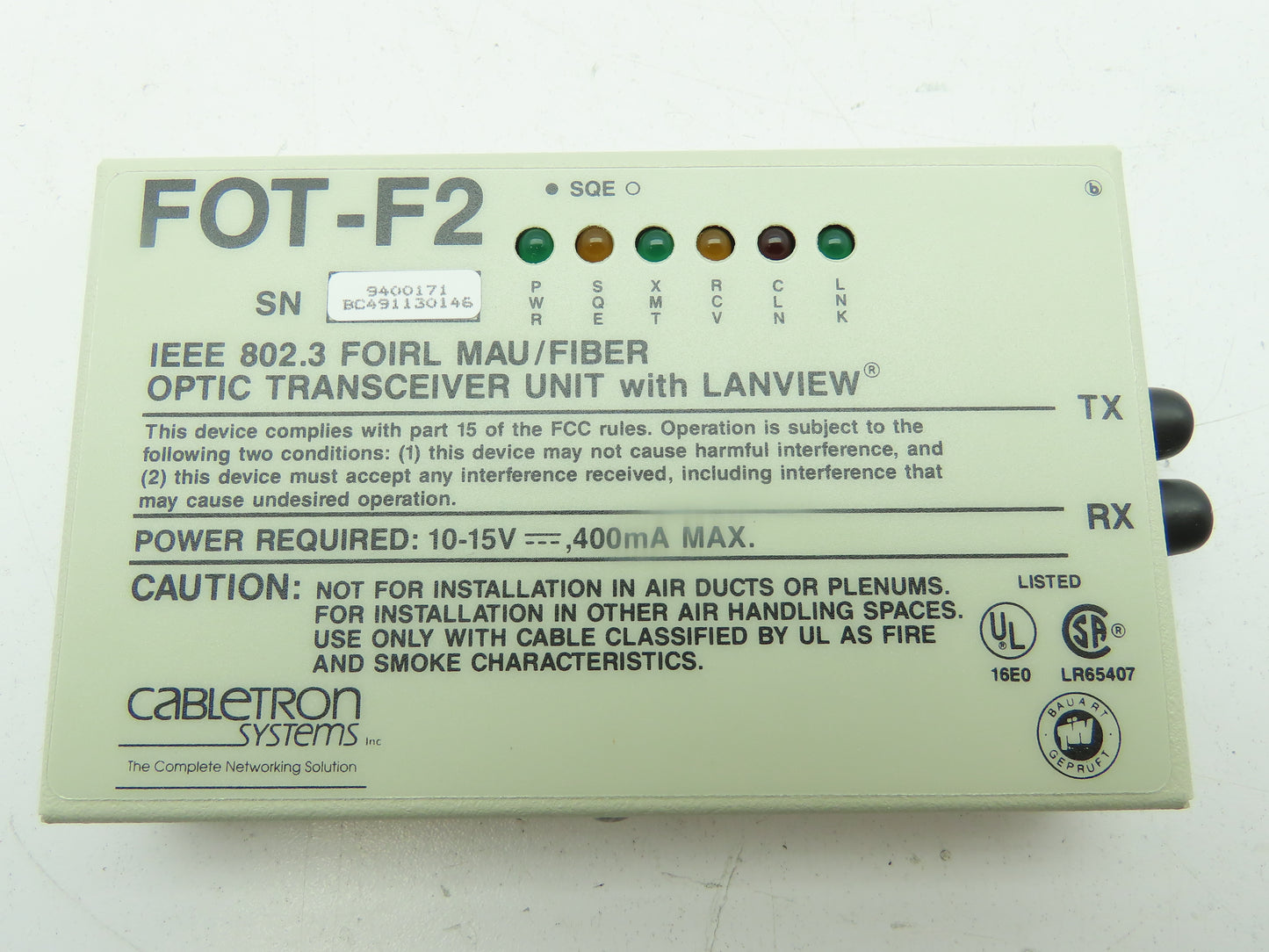 Cabletron FOT-F2 Fiber Optic Transceiver Ethernet IEEE 802.3 FOIRL MAU 100Mbs