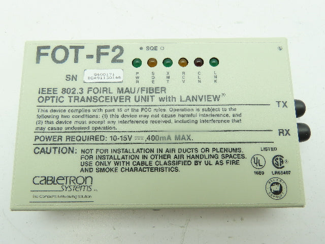 Cabletron FOT-F2 Fiber Optic Transceiver Ethernet IEEE 802.3 FOIRL MAU 100Mbs