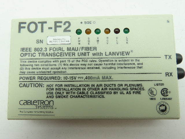 Cabletron FOT-F2 Fiber Optic Transceiver Ethernet IEEE 802.3 FOIRL MAU 100Mbs