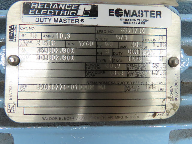 Reliance B391716 E-Master Electric Motor 10Hp 3Ph 575V 1760 RPM 215TC