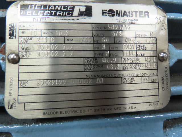 Reliance B391716 E-Master Electric Motor 10Hp 3Ph 575V 1760 RPM 215TC