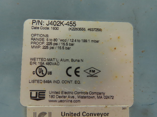 UE United Electric J402K-455 Differential Pressure Switch 5-80" WCD 225PSI 480V