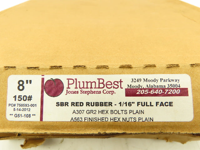 PlumBest 750593-001 Red Rubber Full Face Gasket 8" 150# w/Bolts & Nuts Lot of 3