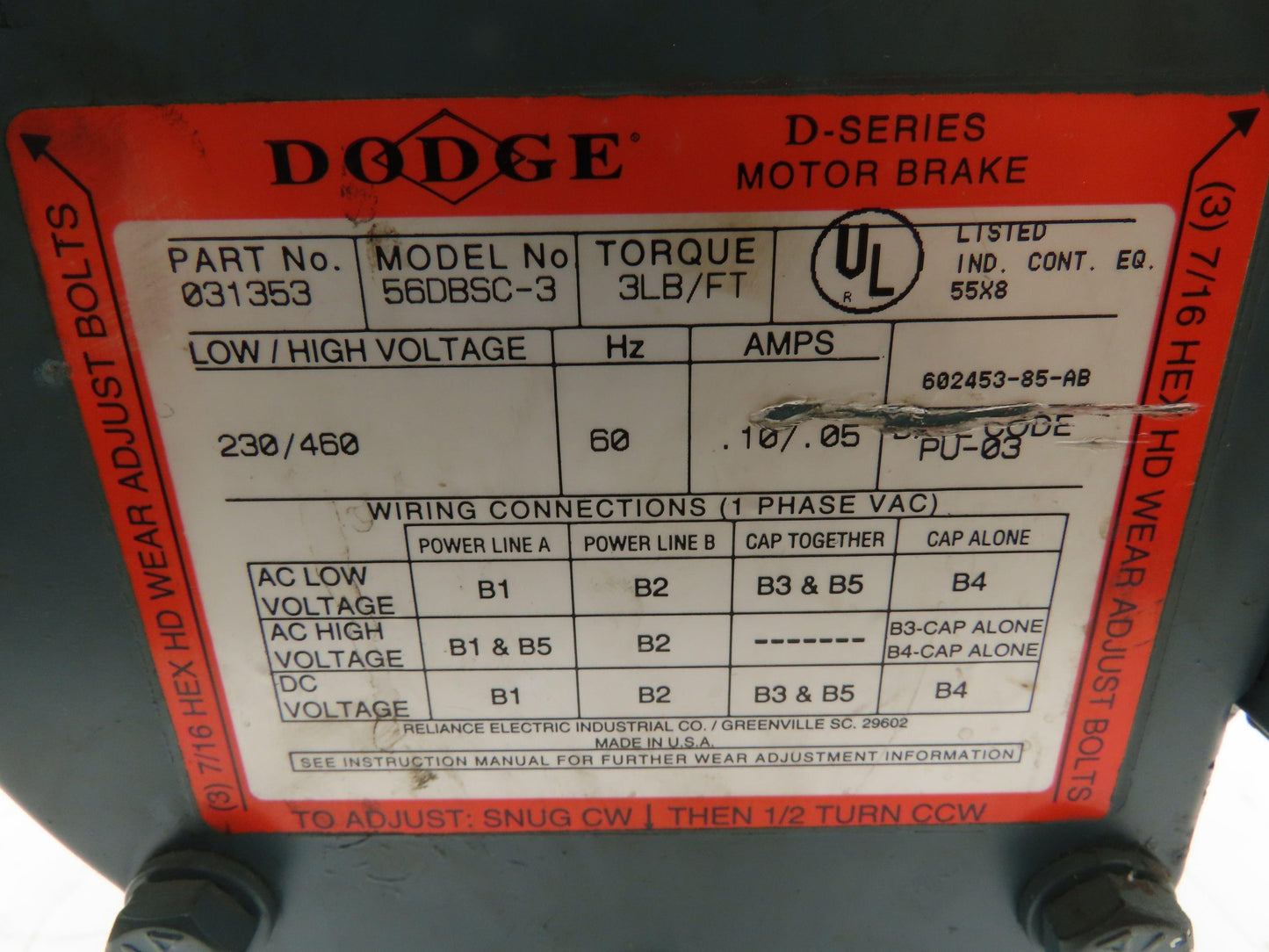 Dodge Master XL Gearmotor 1/2 Hp 101:1 Ratio 17 Rpm Output 3 Ph W/Brake