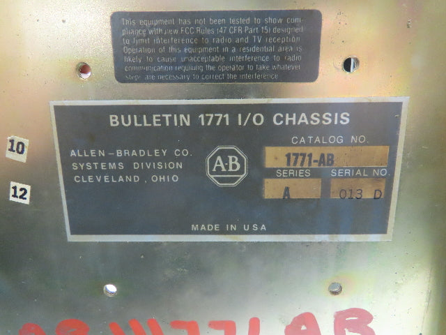 Allen Bradley 1771-AB Ser A Chassis 8-Slot card Rack PLC Power Supply 635224-01