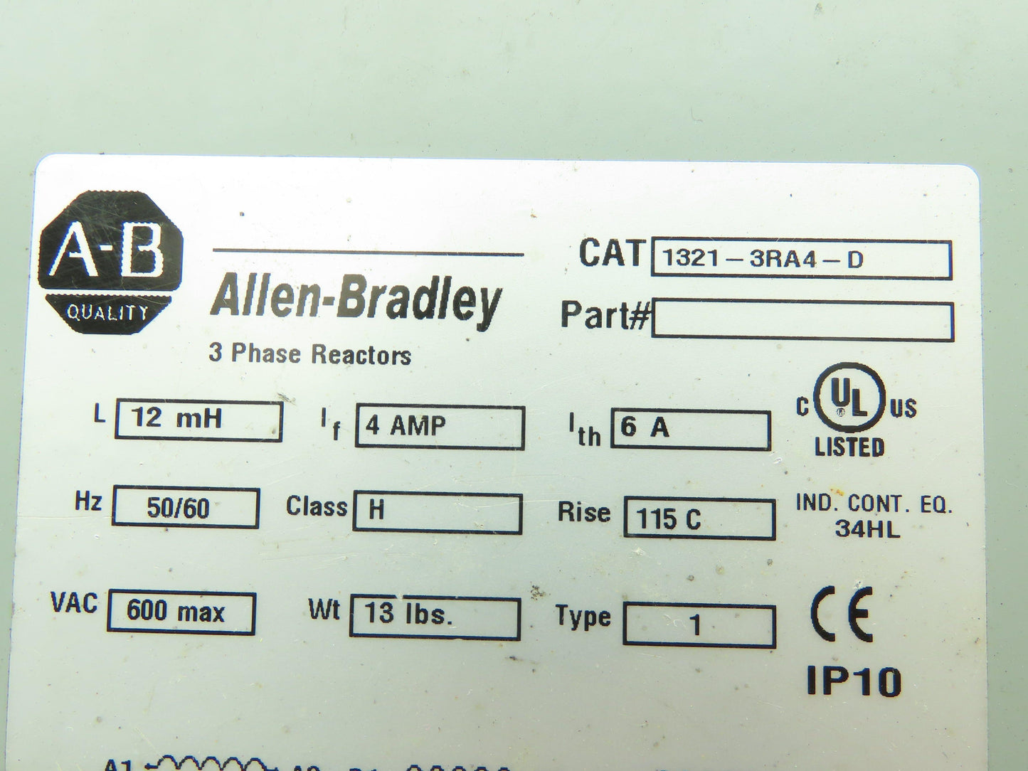 Allen Bradley 1321-3RA4-D 3 Phase Line Reactor L 12 mH Lf 4 Amp