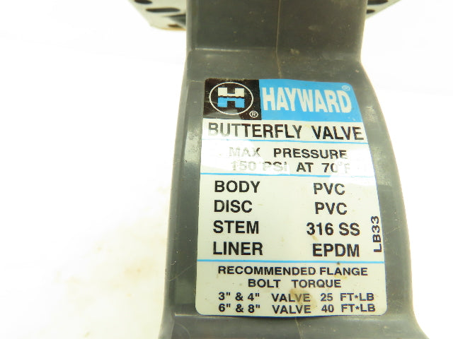 Hayward 3" PVC Butterfly Valve 150 PSI EPDM 4-Bolt 12" Lever BY Series