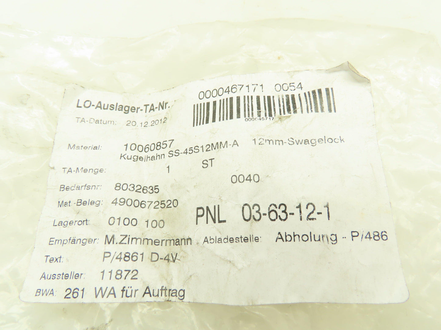 Swagelok SS-45S12MM 12mm Straight Tube Fitting Ball Valve 2500PSI 316 Stainless