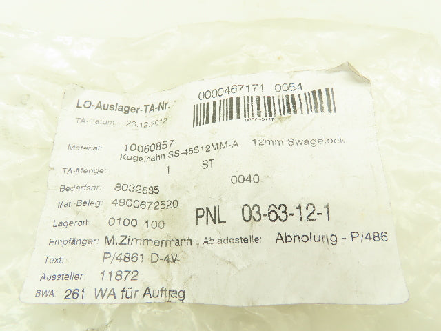 Swagelok SS-45S12MM 12mm Straight Tube Fitting Ball Valve 2500PSI 316 Stainless