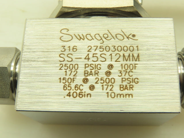 Swagelok SS-45S12MM 12mm Straight Tube Fitting Ball Valve 2500PSI 316 Stainless