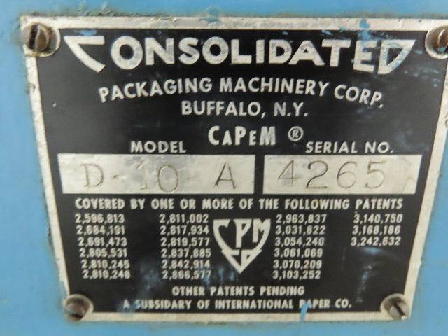 Consolidated Packaging Machinery CaPeM D-10-A Automated Bottle Capping Machine