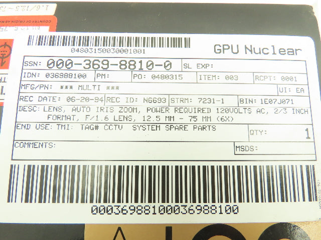 National CCTV Lens 1.6/12.5-75 TV Motorize Zoom Lens GPU Nuclear