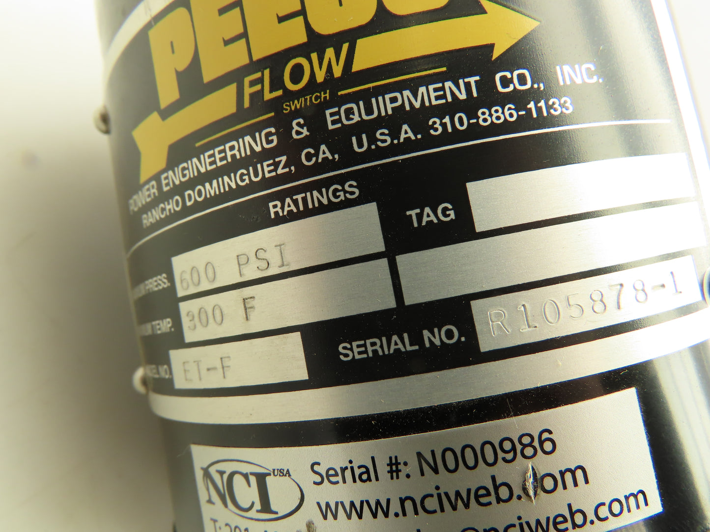 Peeco ET-F Flow Switch 3" ID Flange 1 7/8" Wafer Style 600PSI 300F Max