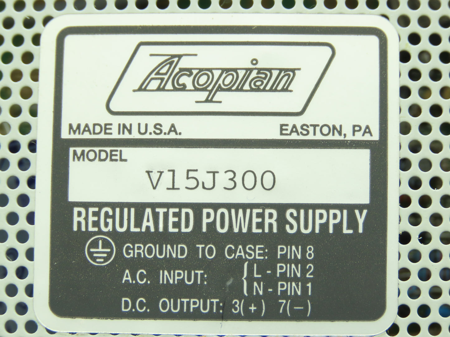 Acopian V15J300 Regulated Power Supply Input: 105-125V Output: 15V
