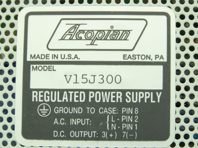 Acopian V15J300 Regulated Power Supply Input: 105-125V Output: 15V