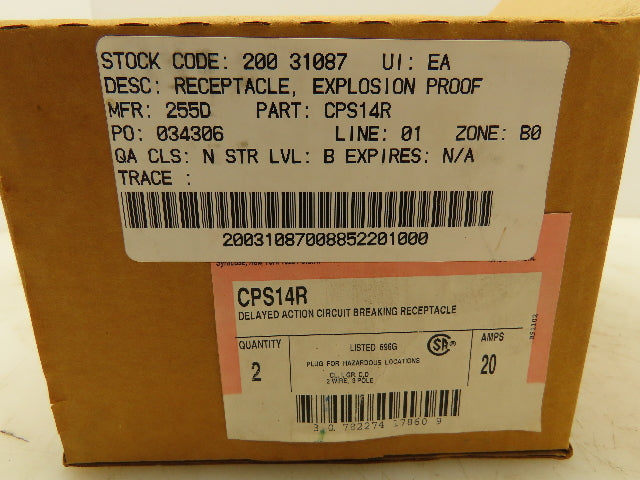 Crouse-Hinds CPS14R Delayed Action Circuit Breaking Receptacle Haz Loc 20A 250V