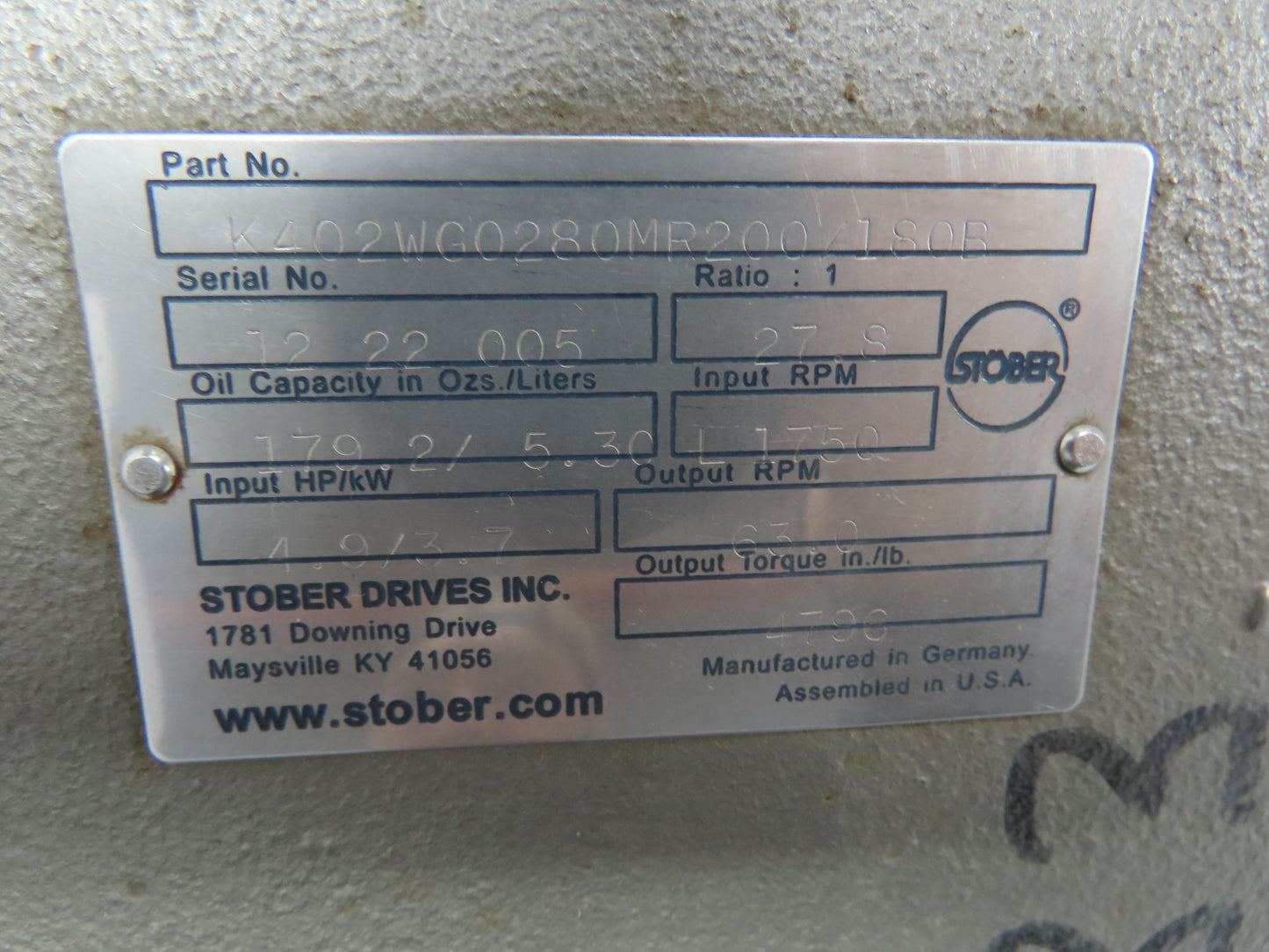 Stober K402WG0280MR200/180B Helical Gear Reducer 28:1 Ratio 40mm Hollow K Series