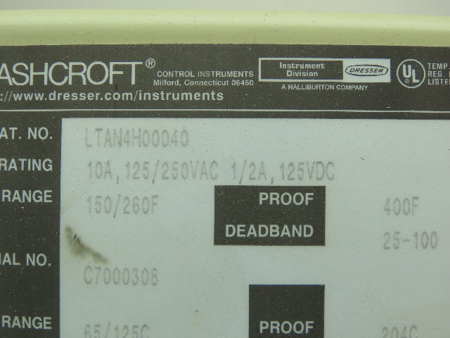 Ashcroft LTAN4H00040 Snap Action Switch/Temperature Control 125/250VAC 3"Probe