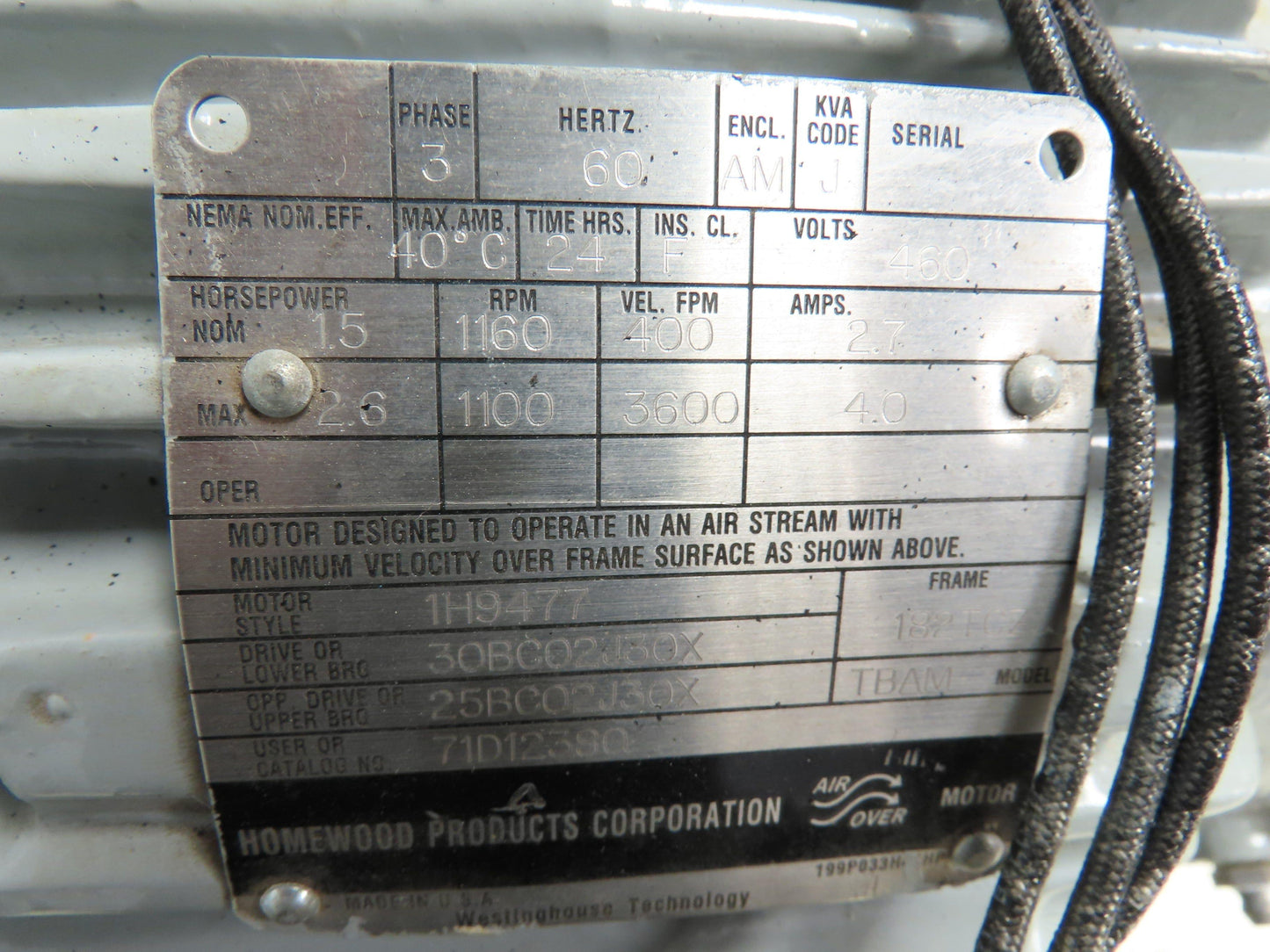 Westinghouse Electric Motor 1.5-2.6HP 460V 3PH 182TCZ Frame TBAM 1160 RPM