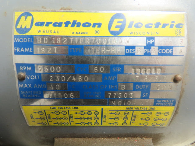 Marathon BD 182TTFR7001AAW Electric AC Motor 3Hp 3Ph 230/460V 3500RPM 182T