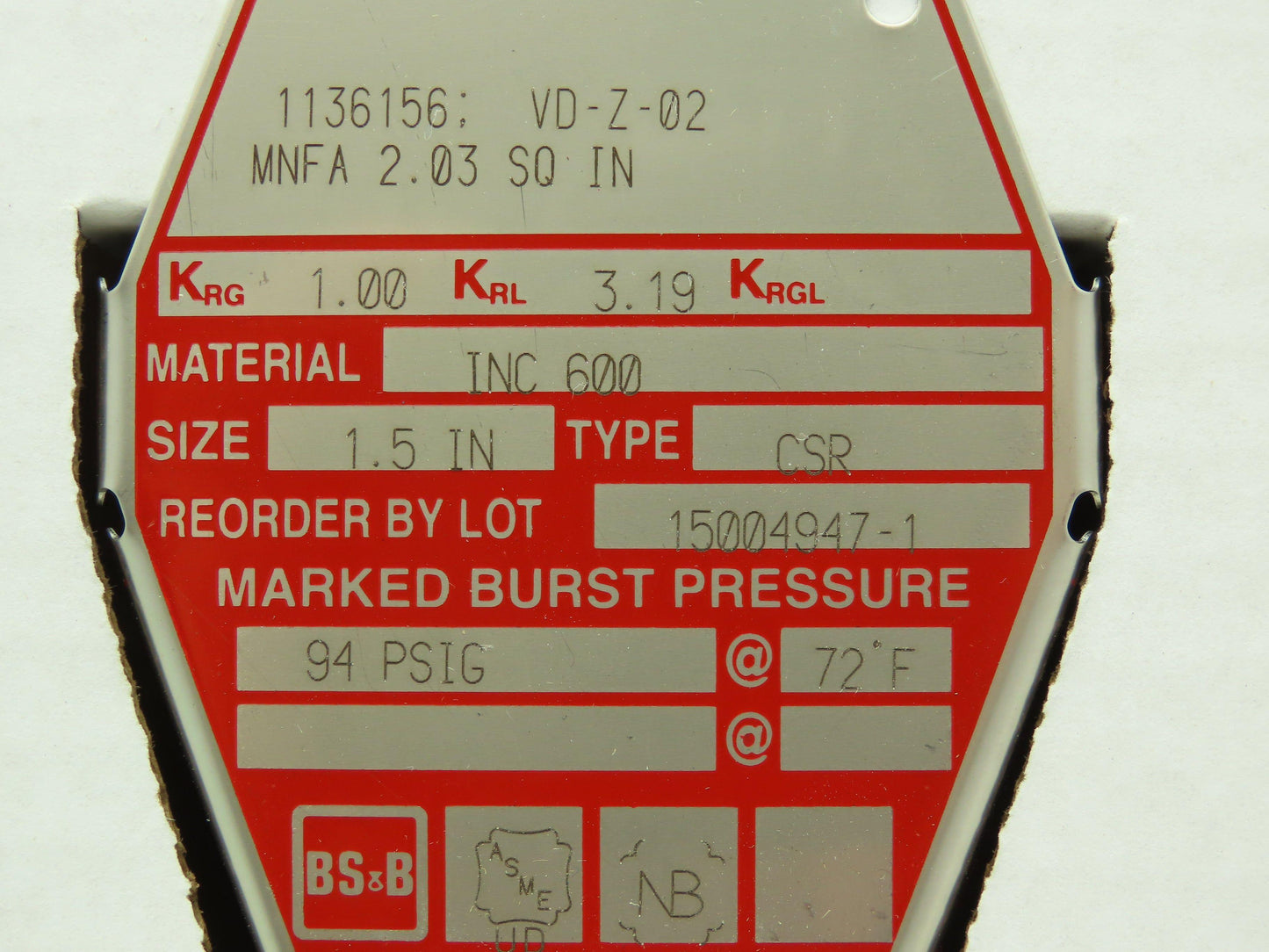 BS&B Safety Systems 1136156; VD-Z-02 Rupture Disk 1.5" Type CSR 94 PSIG @ 72°F