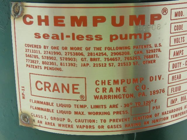 Crane Chempump GB-1 1/2K Seal-Less Canned Motor Pump Flanged Housing 2.5kW 3Ph