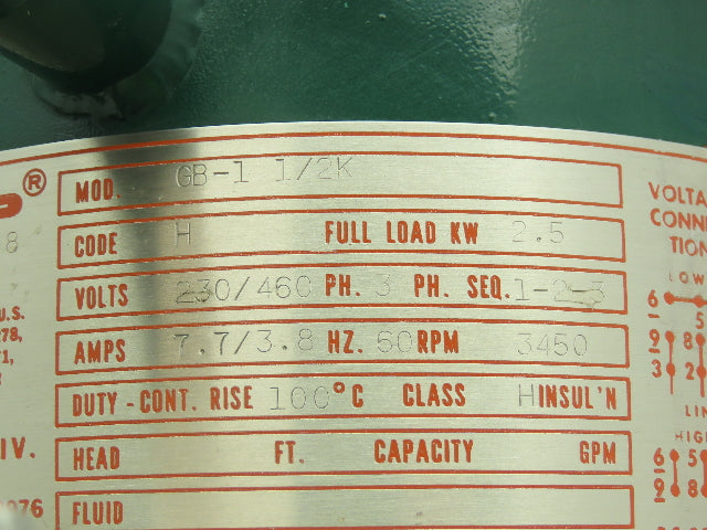 Crane Chempump GB-1 1/2K Seal-Less Canned Motor Pump Flanged Housing 2.5kW 3Ph