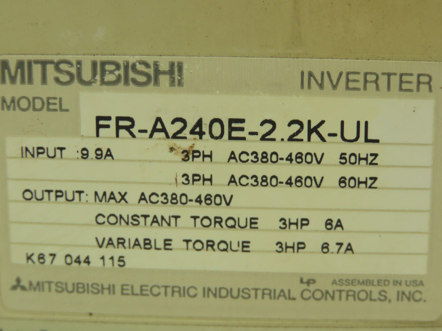 Mitsubishi A200 Variable Freq. Drive VFD AC Inverter Freqrol 480V 3 PH 6.7A 3 HP
