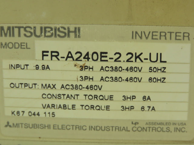 Mitsubishi A200 Variable Freq. Drive VFD AC Inverter Freqrol 480V 3 PH 6.7A 3 HP