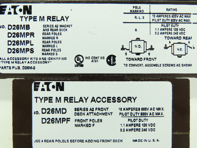 Eaton D26MR33A Type M Relay 6P 10A 120VAC Coil 3NO 3NC Contacts