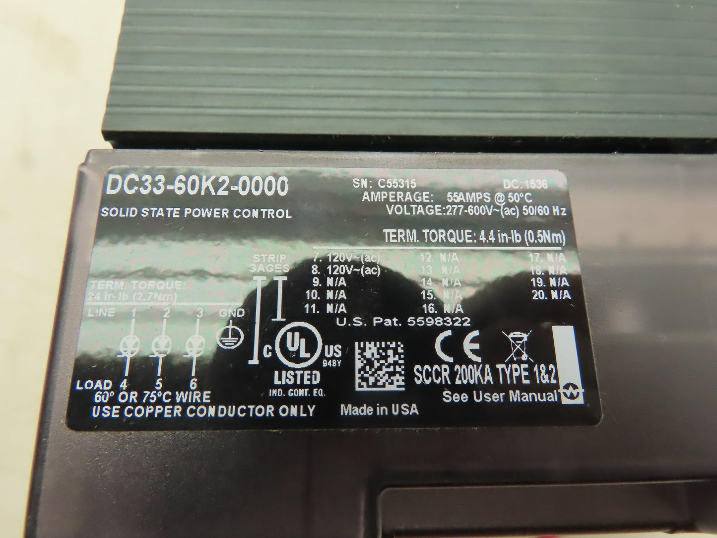 Watlow DC33-60K2-0000 Din-A-Mite Solid State Power Control 55A 600V