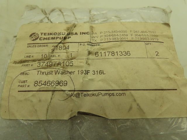 Teikoku 37497A105 Chempump Thrust Washer 193F 316L 1-3/16"Bore 3-3/4"OD .318"W