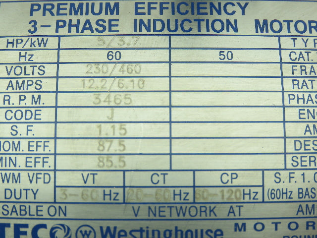 Teco Westinghouse ASGHUW Electric Induction Motor 5HP 3465RPM 230/460V 3PH 182T