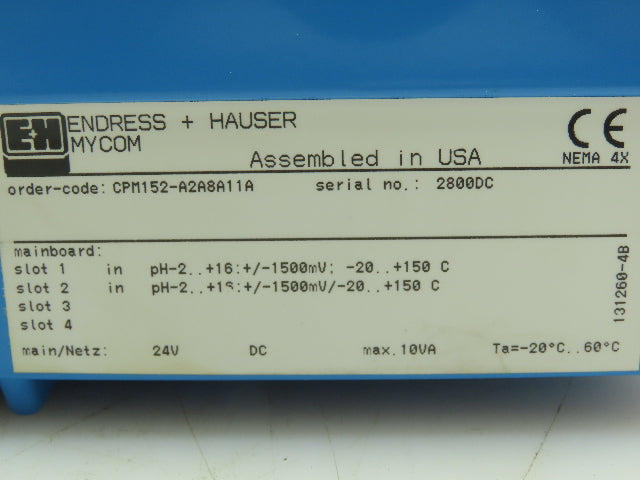 Endress Hauser MYCOM CPM 152 Microprocessor pH/ORP Digital Analyzer Control 24V