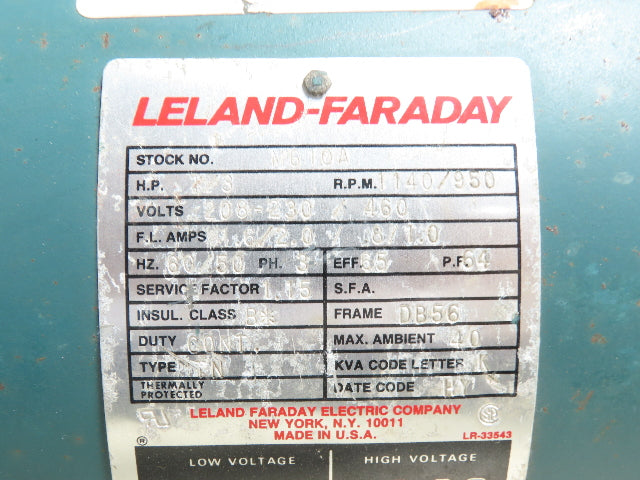 Leland-Faraday M610A Electric Motor 1/3HP 1140 RPM 230/460V 3PH DB 56