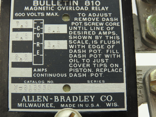 Allen Bradley Dashpot Magnetic Overload Relay Series A Fluid 2.5-7.3 A Bulletin